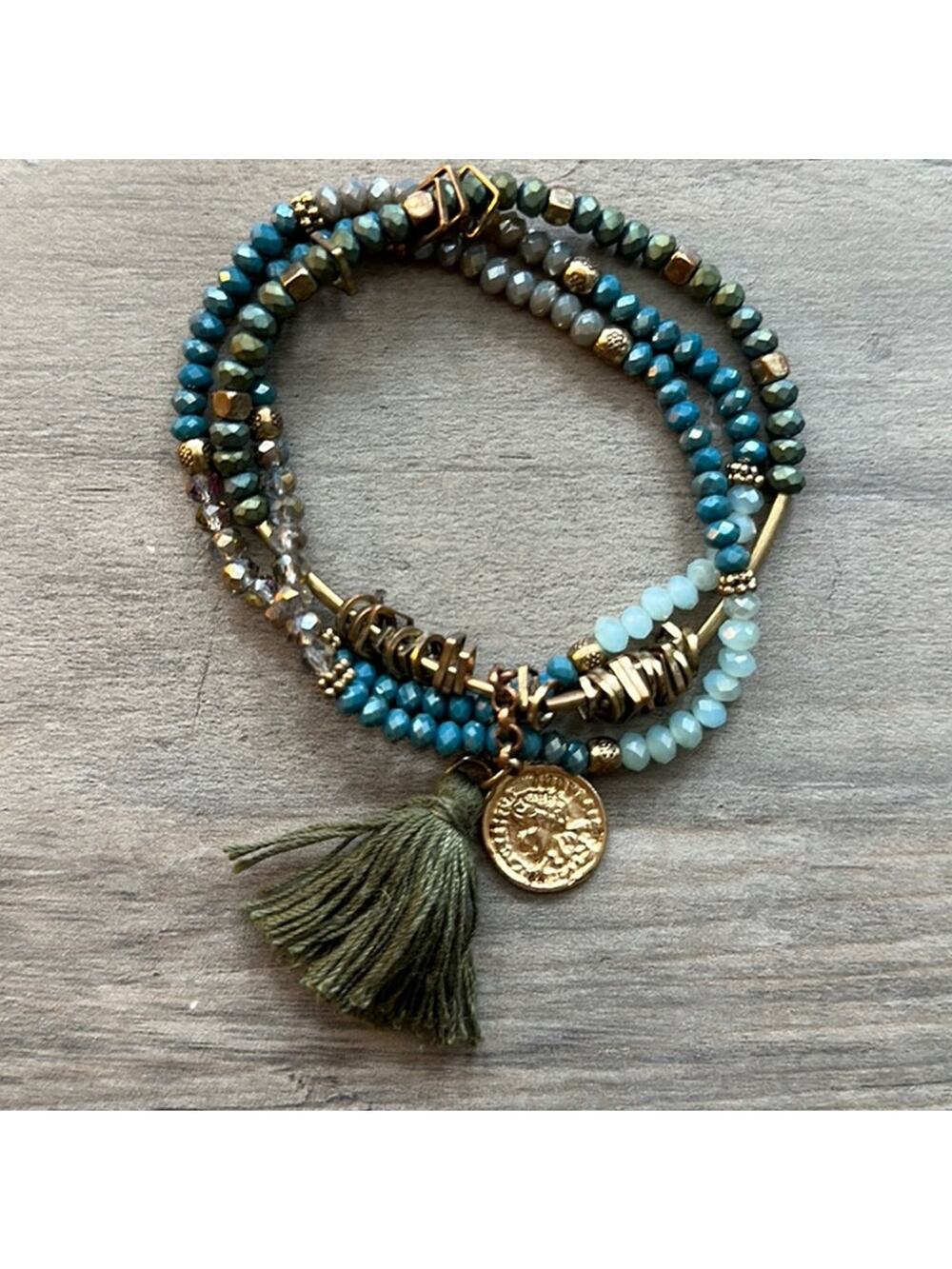 Bohemian Tasseled Charm Bracelet Teal Brown Gold Coin Fashion Costume Boho - Picture 1 of 3